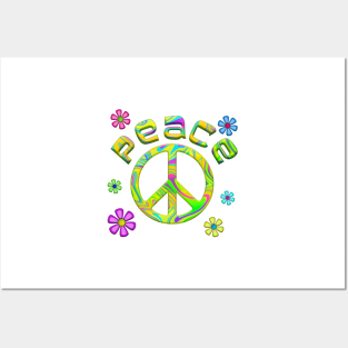 RetroTie Dye Peace Sign with Flowers Posters and Art